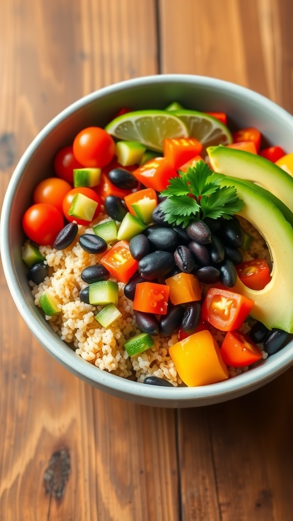A colorful quinoa bowl with tomatoes, cucumber, bell pepper, black beans, and avocado, garnished with cilantro and lime.
